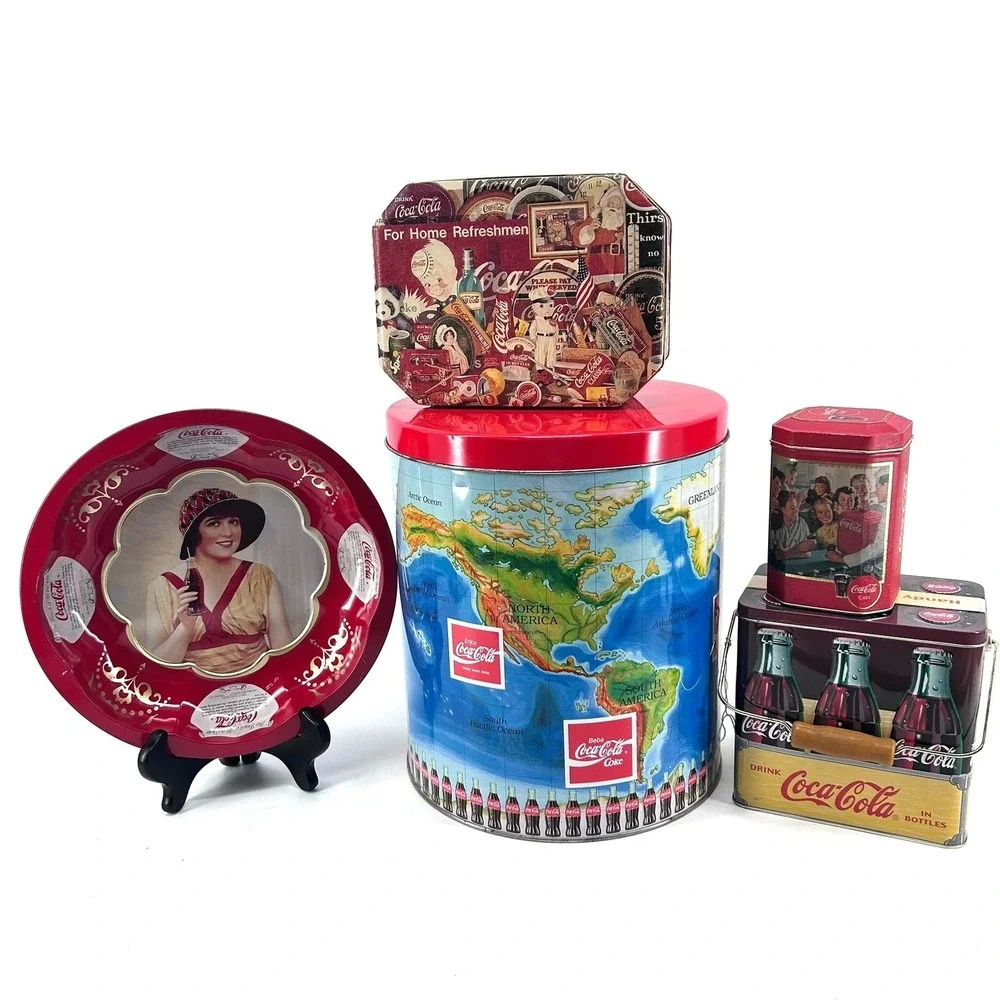 Vintage Coca-Cola Collectible Tin Lot World Map Carrier Tray Lunch Box 5pc Set